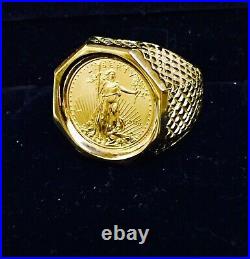 Men's Coin American Eagle Ring with Vintage Solid Real 14K Yellow Gold