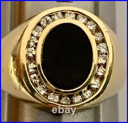 Men's Diamond Onyx Ring Solid 14k Yellow Gold, Vintage Ring, Estate, 20 Diamonds