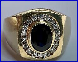 Men's Diamond Sapphire Ring Solid 14k Gold Vintage Ring, Yellow Gold, Estate
