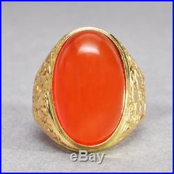 Men's Large Vintage 1970s 18k Gold & Red/Orange Agate Ring