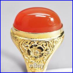 Men's Large Vintage 1970s 18k Gold & Red/Orange Agate Ring