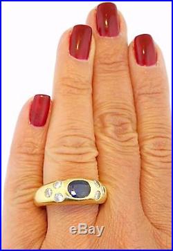 Men's Natural Blue Sapphire Diamond 18K Yellow Gold Vintage Gipsy Setting Ring