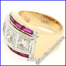 Men's Retro Vintage 14K Rose White Gold 1.65ctw Diamond & Ruby Wide 3 Stone Ring