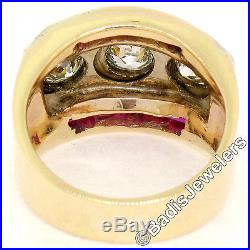 Men's Retro Vintage 14K Rose White Gold 1.65ctw Diamond & Ruby Wide 3 Stone Ring