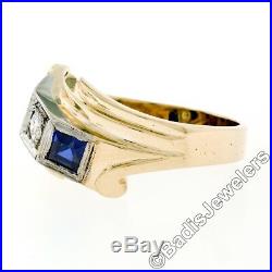 Men's Retro Vintage 1940's 14K Gold 0.22ct Diamond Sapphire 3 Stone Bypass Ring