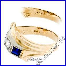 Men's Retro Vintage 1940's 14K Gold 0.22ct Diamond Sapphire 3 Stone Bypass Ring