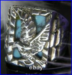Men's Turquoise 3/4 vintage textured 0.925 Sterling Silver band Ring size 9.5
