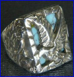 Men's Turquoise 3/4 vintage textured 0.925 Sterling Silver band Ring size 9.5