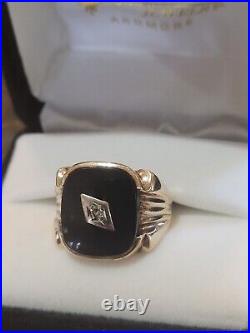 Men's Vintage 10k YG Black 12x15mm Onyx & Diam Ring Size 7.75 Weighs 5.2 grams