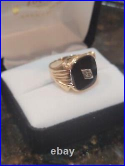 Men's Vintage 10k YG Black 12x15mm Onyx & Diam Ring Size 7.75 Weighs 5.2 grams