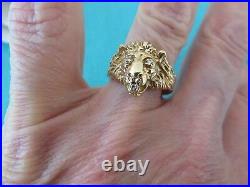 Men's Vintage 10k Yellow Gold Diamond Lion Ring Sz 6 1/2 14 MM Wide