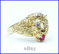 Men's Vintage 14K Gold Roaring Lion Ring. Solid 14k Yellow Gold