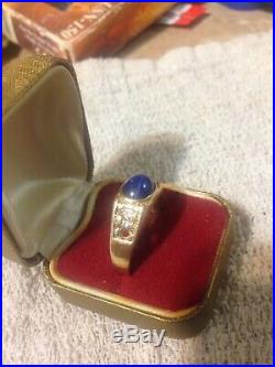 Men's Vintage 14K Solid Gold Star Sapphire & Diamonds Ring Size 101/2 6.2GRAMS