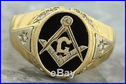 Men's Vintage 14K Yellow Gold Blue Lodge Members Diamond Black Masonic Band Ring