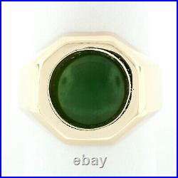 Men's Vintage 14k Gold Octagon Ring with Bezel Set 11mm Round Cabochon Green Jade