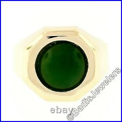Men's Vintage 14k Gold Octagon Ring with Bezel Set 11mm Round Cabochon Green Jade