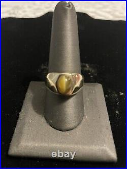 Men's Vintage 14k Solid Yellow Gold Tiger`s Eye Cabochon Ring Size 10 1/2 7.7 Gr