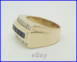 Men's Vintage 14k Yellow Gold 2.92Ct Emerald Cut Diamond & Sapphire Ring 18.2 Gr