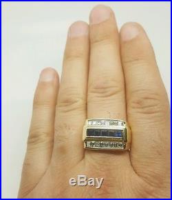 Men's Vintage 14k Yellow Gold 2.92Ct Emerald Cut Diamond & Sapphire Ring 18.2 Gr
