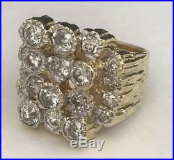 Men's Vintage 18k Solid Yellow Gold & 3.5ct Diamond Nugget Cluster Ring 24.8g