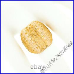 Men's Vintage 18k Yellow Gold Mayan Engraved Textured Rectangular Wide Band Ring