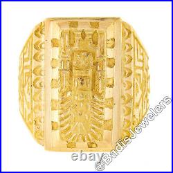 Men's Vintage 18k Yellow Gold Mayan Engraved Textured Rectangular Wide Band Ring