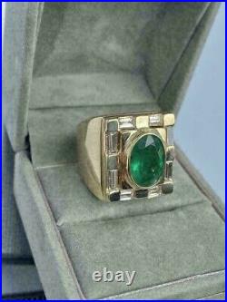 Men's Vintage 6 Ct Green Emerald & Diamond Pinky Ring 14K Yellow Gold Finish
