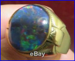 Men's Vintage Antique Art Deco Blue Triplet Opal Ring 10k Gold Size 8-9 Lg Stone