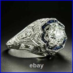 Men's Vintage Art Deco Filigree Ring 14K White Gold 1.92 Ct Simulated Diamond