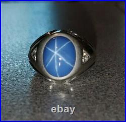 Men's Vintage Blue Star Sapphire 14K White Gold Diamond Ring size 7.5