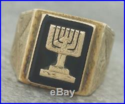 Men's Vintage Estate 14K 585 Yellow Gold Judaic Menorah Black Onyx Sun Ring