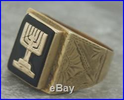 Men's Vintage Estate 14K 585 Yellow Gold Judaic Menorah Black Onyx Sun Ring