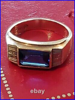 Mens 10k Solid Yellow Gold Blue Spinel Vintage Ring Size 9