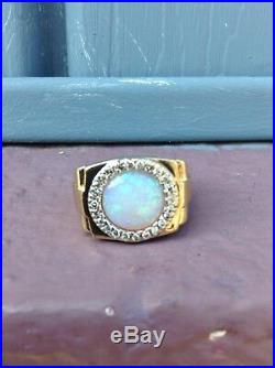 Mens 14K Yellow Gold Vintage Opal and Diamond Ring size 9