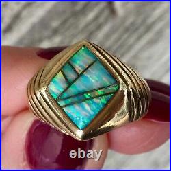 Mens 14k Solid Yellow Gold Opal Inlay Heavy Vintage Pinky Ring Size 7.5