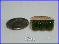 Mens 14k Yellow Gold Three Stone Oval Jade Jadeite Vintage Estate Quality Ring