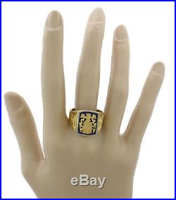 Mens 1960s Vintage Estate 18k Yellow Gold Crest Blue Enamel Ring