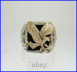 Mens Black Hills Gold on. 925 Sterling Silver Eagle Ring Black Onyx s9 Vintage