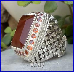 Mens Emerald Cut Real Genuine Red Ruby Yaqoot Manic Stone Sterling Silver Ring