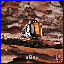 Mens Gemstone Ring Unique Ottoman Rings For Man Tiger Eye Vintage Handmade Size