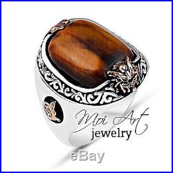 Mens Gemstone Ring Unique Ottoman Rings For Man Tiger Eye Vintage Handmade Size