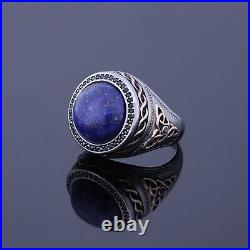 Mens Lapis Lazuli Natural Stone Ring Vintage Engraved 925 Silver Celtic Jewelry