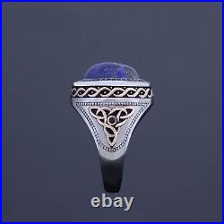 Mens Lapis Lazuli Natural Stone Ring Vintage Engraved 925 Silver Celtic Jewelry