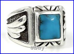 Mens Large Vintage Navajo Carved Sterling Silver Blue Turquoise Ring Sz 12