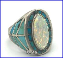 Mens Old Pawn Navajo Turquoise & Opal Silver Vintage Ring Unpolished Size 13