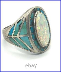 Mens Old Pawn Navajo Turquoise & Opal Silver Vintage Ring Unpolished Size 13
