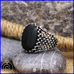 Mens Ring Black Silver Onyx Stone Jewelry Anniversary Band For Brutal Vintage
