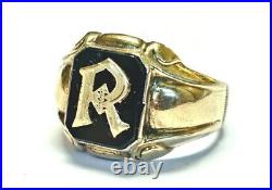 Mens Signet Ring Vintage 10K/ Sterling R Initial Art Deco Man Ring Size 9