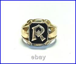 Mens Signet Ring Vintage 10K/ Sterling R Initial Art Deco Man Ring Size 9