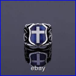 Mens Silver Christian Cross Ring Vintage Alpha Omega Shield Christianity Jewelry